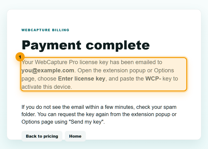 Payment complete page with the activation instructions highlighted