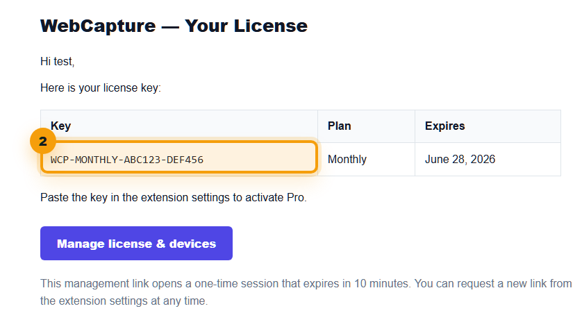 License email with the example WCP key highlighted