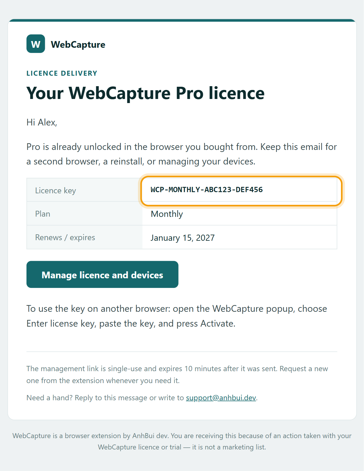License email with the example key WCP-MONTHLY-ABC123-DEF456 highlighted