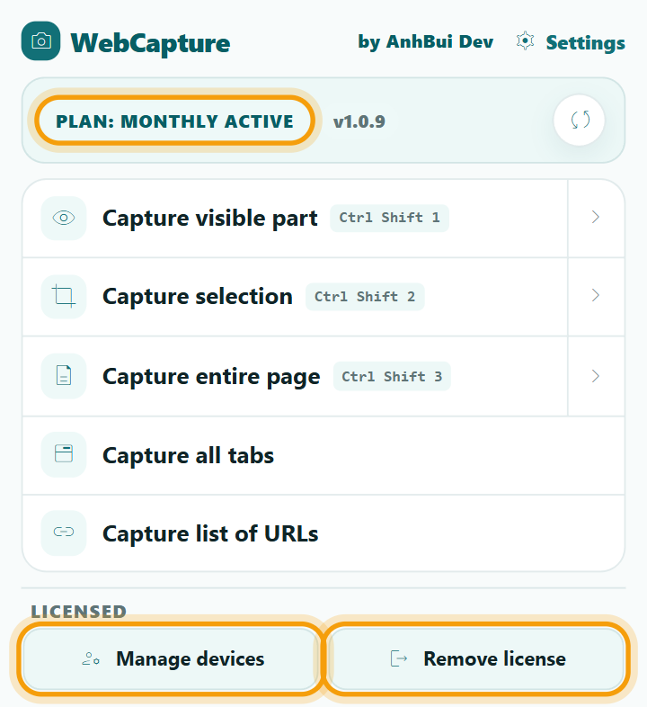 Extension popup showing an active monthly plan with Manage devices and Remove license highlighted