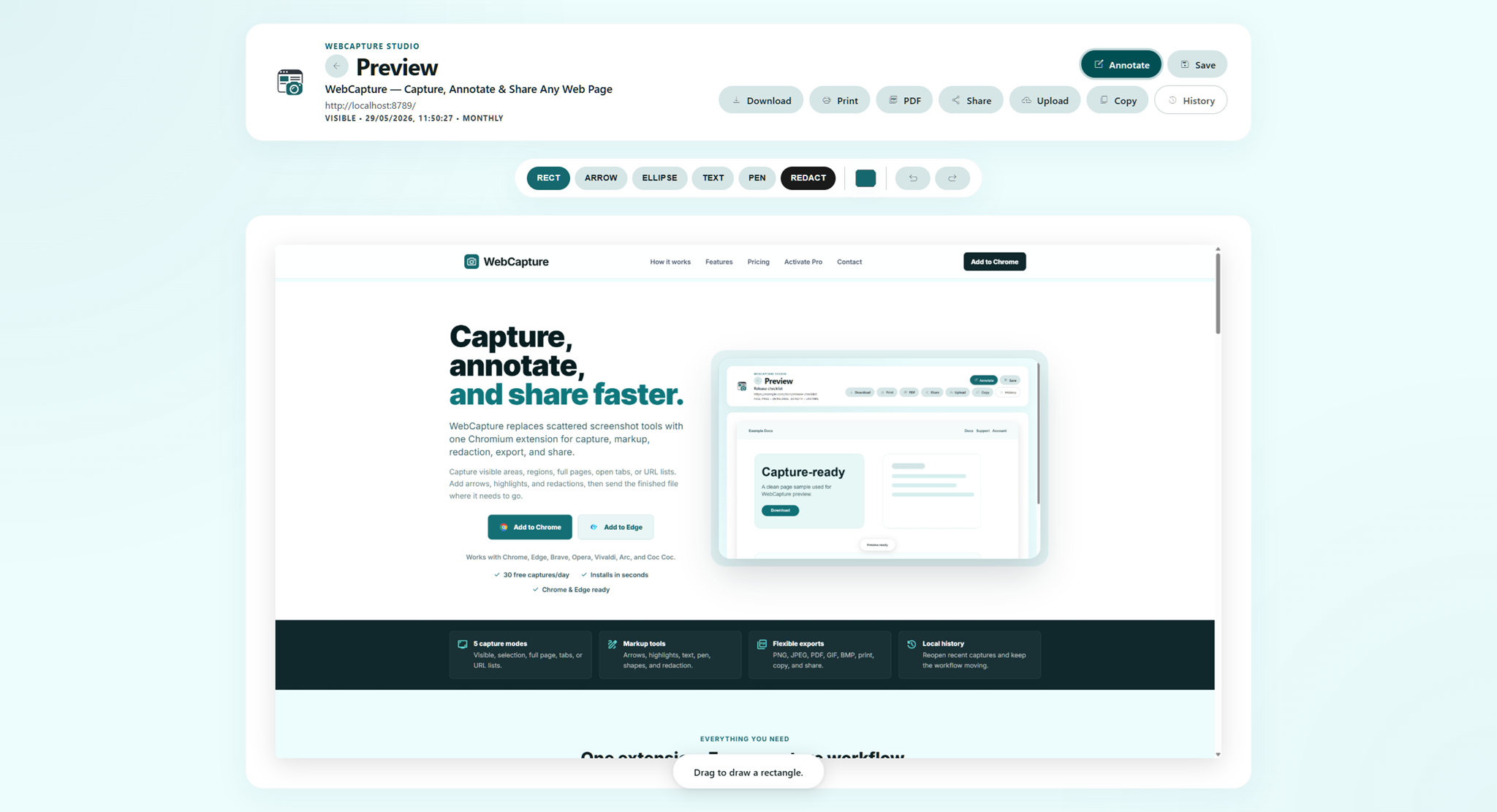 WebCapture preview studio — captured full page with toolbar showing Download, Print, PDF, Share, Upload, Copy and History actions